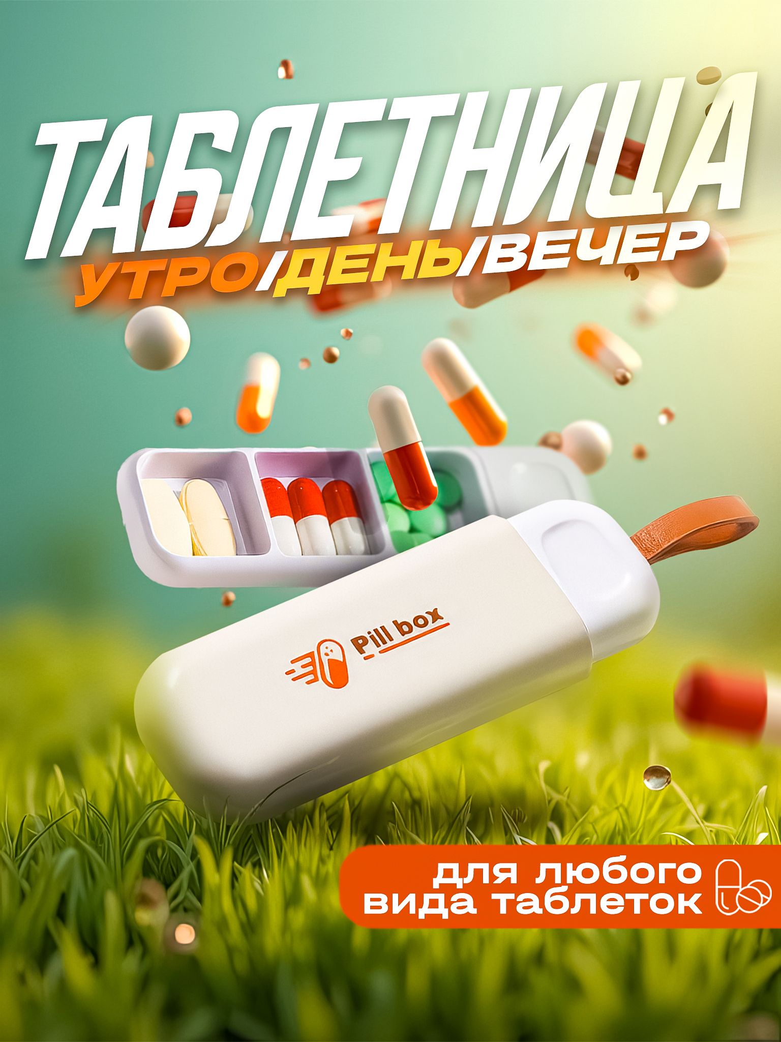 Таблетницанадень,карманнаятаблетница,брелок,3секции,размер11х3.5см