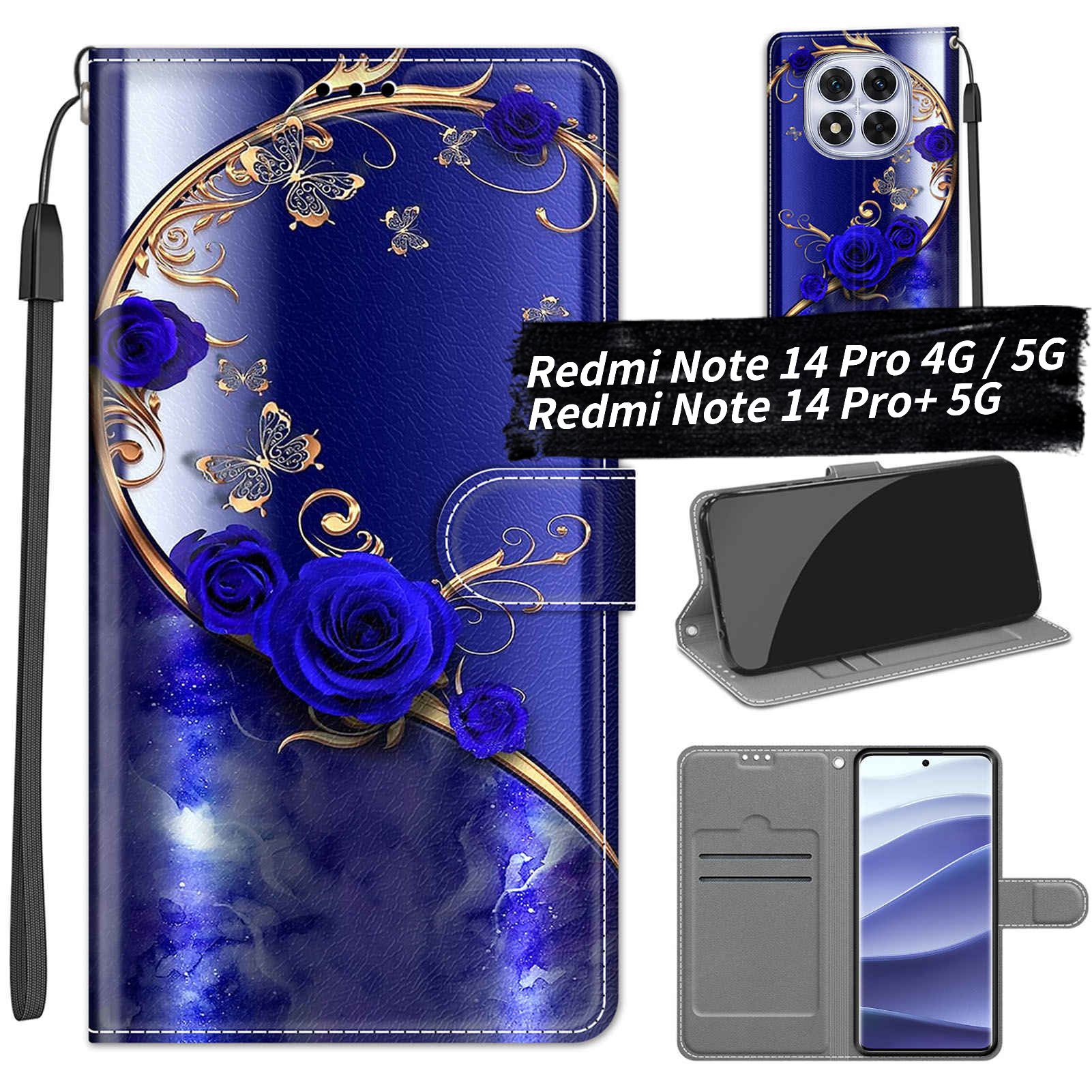 ЧехолнаXiaomiRedmiNote14Pro4G/5G,RedmiNote14Pro+5G(РедмиНоут14Про4Джи/5Джи,РедмиНот14Про+Чехол)кожаныйсмагнитнойзастежкой/флипом(Синяярозаибабочки)