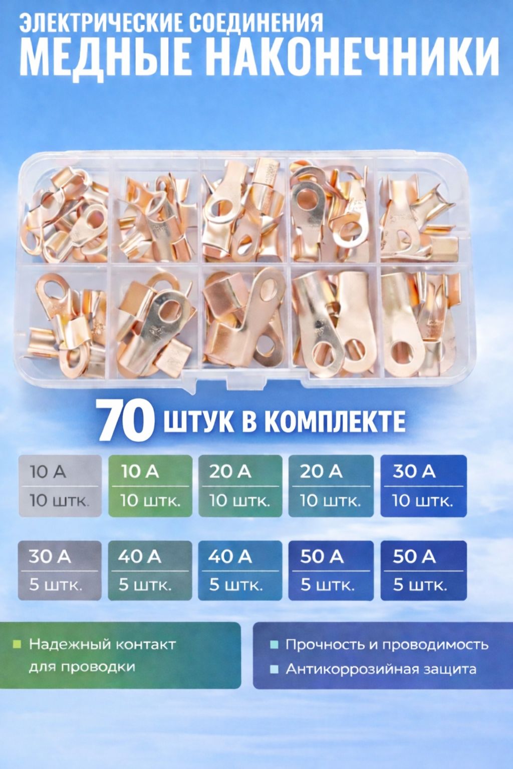 Медныеклеммыобжимные,дляпроводовтипаОТ10А,20А,30А,40А,50А-70шт