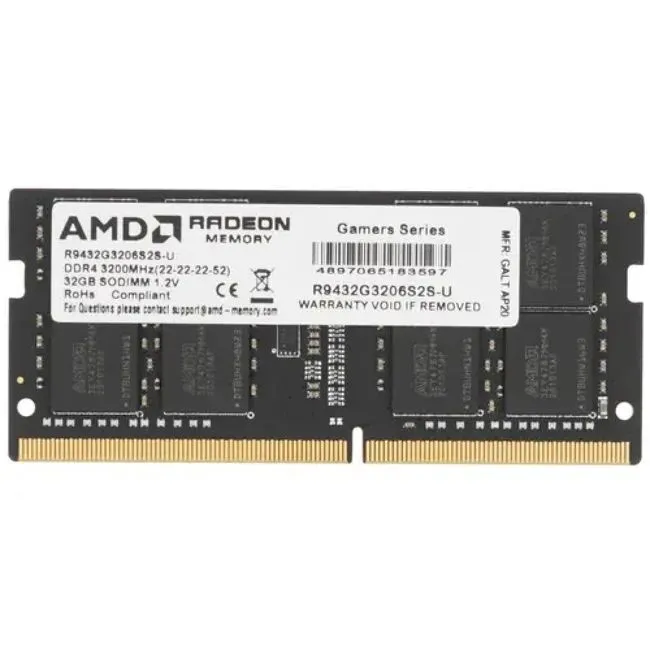 AMD Оперативная память AMD R9432G3206S2S-U Оперативная память Radeon R9, DDR4, 32GB (1x32 GB), 3200 MHz, CL22, SO-DIMM DDR4, 3200 МГц, 1 x 32 ГБ (R9432G3206S2S-U)