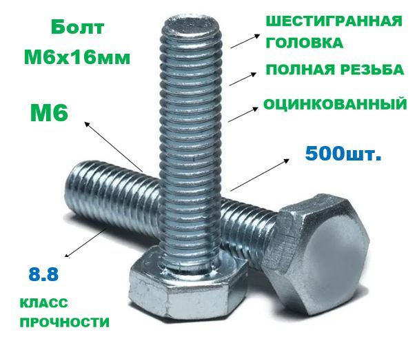 БолтоцинкованныйМ6х16DIN933500шт.(8.8)